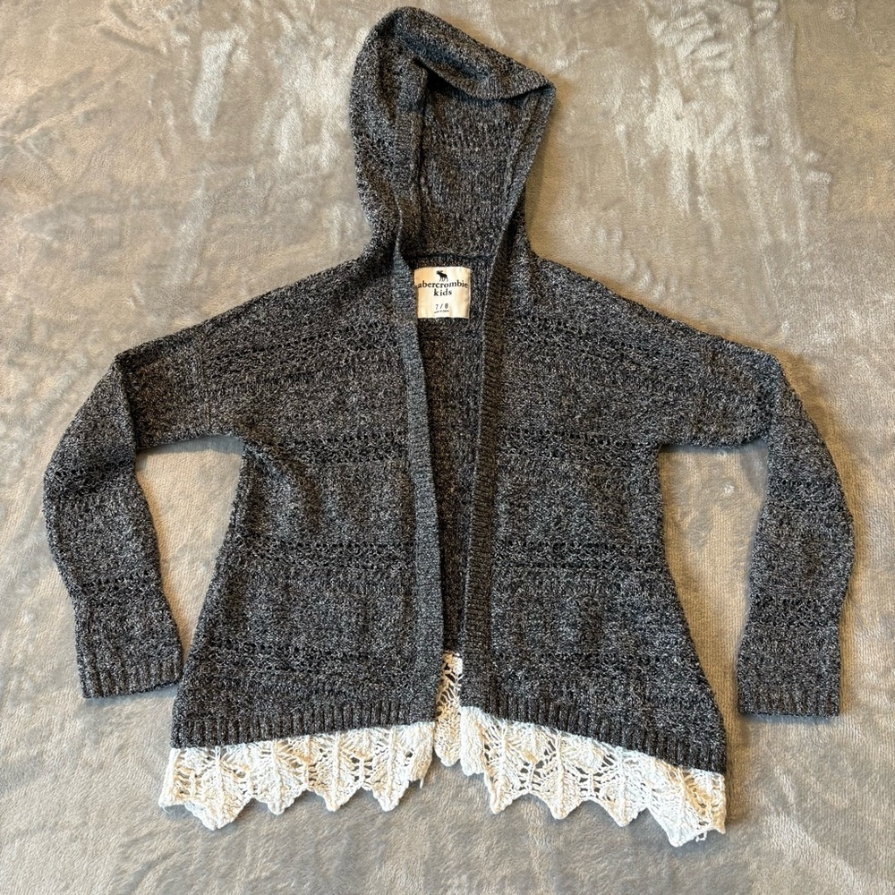 Abercrombie Kids Girls Hooded Crochet Lace Trim Cardigan Sz 7/8